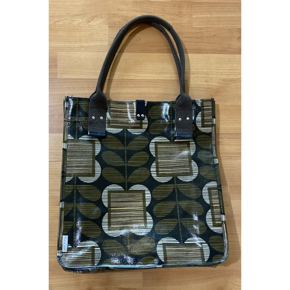 Orla Kiely Olive Green Brown Square Flowers Coated Canvas 15" Shopper Tote Bag